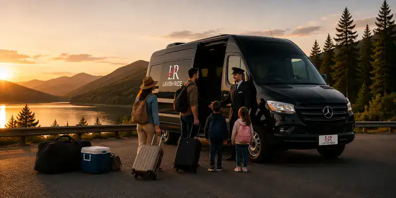 Family boarding a luxury Sprinter van with the official Lavish Ride logo as a professional chauffeur welcomes them for a scenic road trip.